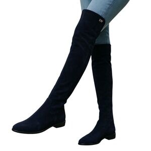 Stuart‎ Weitzman 5050 Navy Blue Suede Over The Knee Boots Low Heel Women 5.5